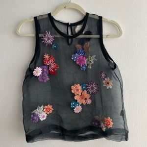 Nicole Miller Sheer Floral Beaded Top